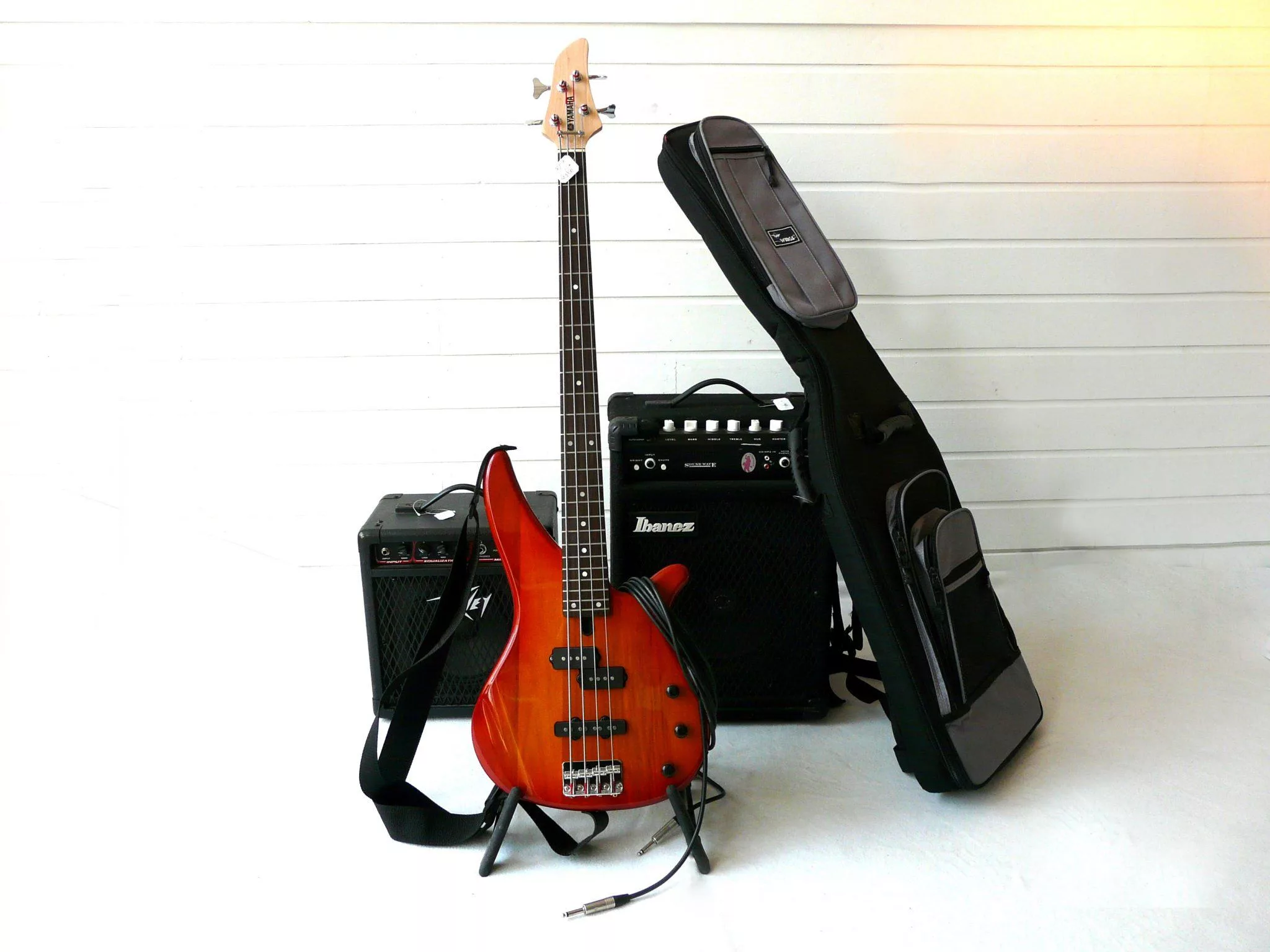 Basgitaar met versterker, kabel en tas.
