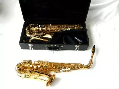 Altsaxofoon met koffer.